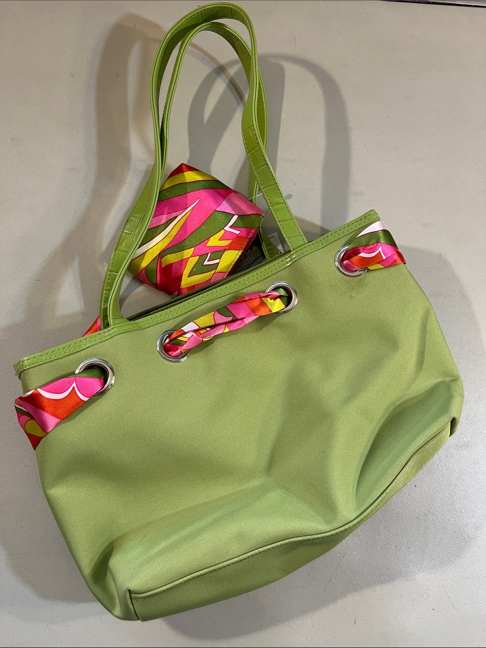 SONOMA Lime Green Tote with Pink Multicolor Scarf Accent - Picture 2 of 4